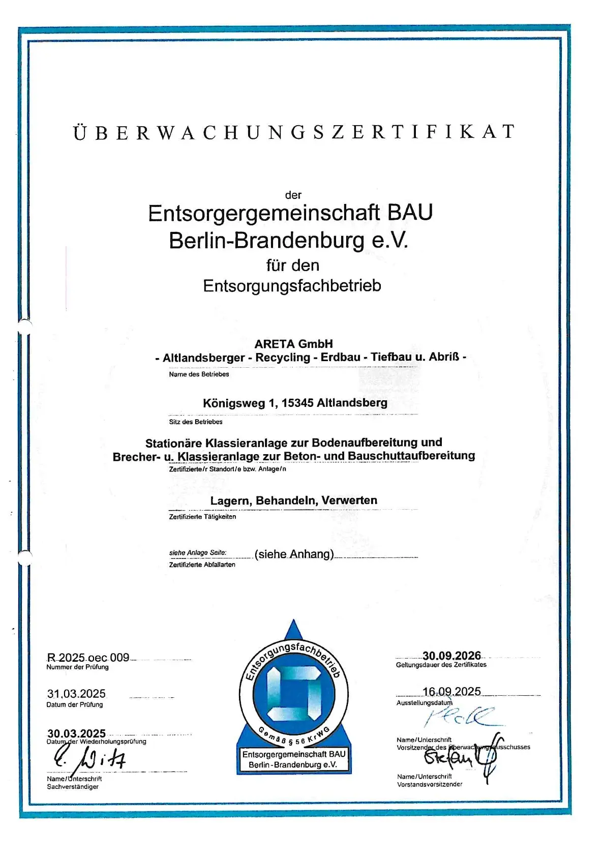 Überwachungszertifikat für die ARETA GmbH von der Entsorgergenossenschaft BAU Berlin-Brandenburg e.V.