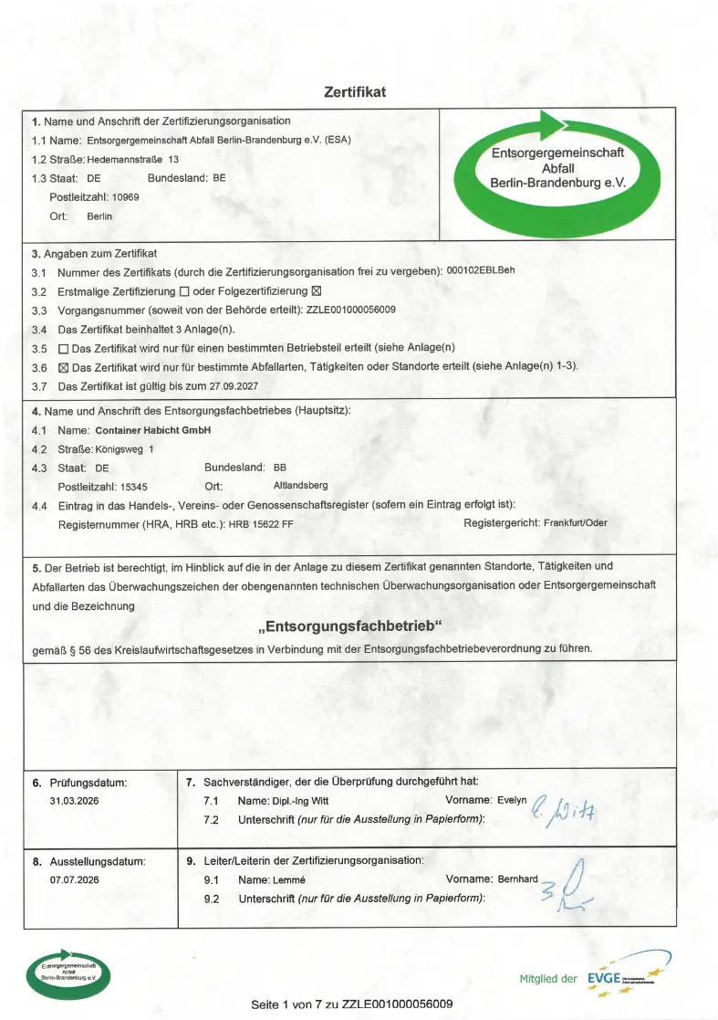 Ein Überwachungszertifikat der Entsorgungsgemeinschaft BAU Berlin-Brandenburg e.V. mit Angaben zum Entsorgungsfachbetrieb.